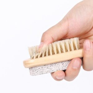 Wooden foot scrubber featuring natural boar bristles and pumice stone for exfoliating dead skin, cleaning feet, and removing calluses
