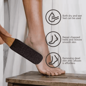 Bamboo foot file with double-sided pumice stone surface and wooden handle for removing calluses and rough dry skin on feet