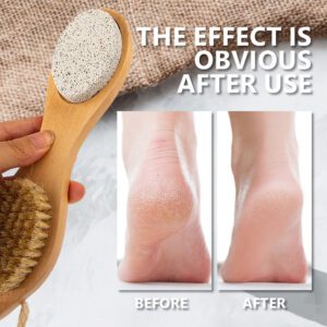 Multi-function wooden foot file featuring bristle brush, abrasive sanding surface, stainless steel rasp, and pumice stone for complete pedicure care