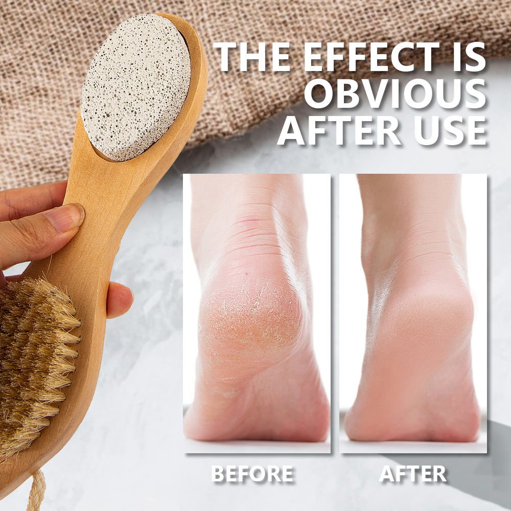 Multi-function wooden foot file featuring bristle brush, abrasive sanding surface, stainless steel rasp, and pumice stone for complete pedicure care