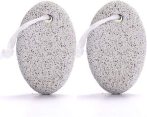 Colored natural lava pumice stone foot exfoliator with hanging rope, designed to remove dead skin, smooth rough heels, and support regular pedicure care.