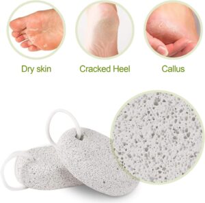 Colored natural lava pumice stone foot exfoliator with hanging rope, designed to remove dead skin, smooth rough heels, and support regular pedicure care.