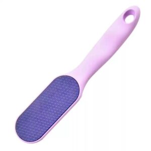 Long handle foot file with abrasive surface for removing calluses, hard skin, and rough heels during professional pedicure treatments
