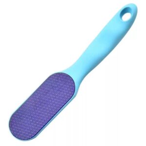 Long handle foot file with abrasive surface for removing calluses, hard skin, and rough heels during professional pedicure treatments
