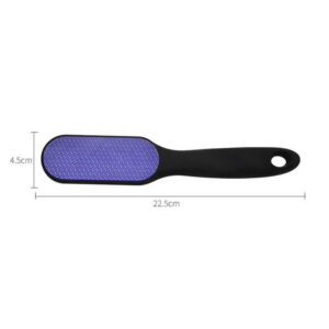 Long handle foot file with abrasive surface for removing calluses, hard skin, and rough heels during professional pedicure treatments