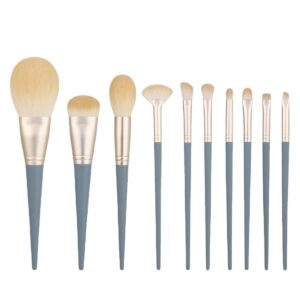 Set of 10 portable makeup brushes with soft synthetic bristles and plastic handles, ideal for face, eyeshadow, blush, contour, and precise makeup application.