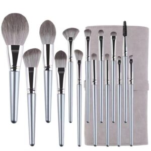 14-piece synthetic hair makeup brush set with champagne silver handles, including face brushes, eye shadow brushes, powder brushes, blush brushes, concealer brushes, and a portable brush case.
