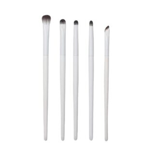 White makeup brush set with vegan synthetic bristles, including foundation, blending, eyeshadow, detail, and angled makeup brushes for precise cosmetic application and professional beauty routines.