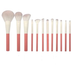 12-piece professional makeup brush set with pink and white handles, featuring synthetic hair brushes for face makeup, concealer, eyeshadow, mascara, blending, and fan brush application.