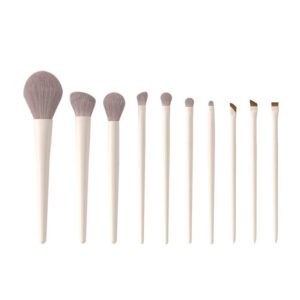 10-piece fibre eye shadow makeup brush set with white plastic handles and soft synthetic bristles for face makeup, eyeshadow blending, eyebrow shaping, and precision detailing.