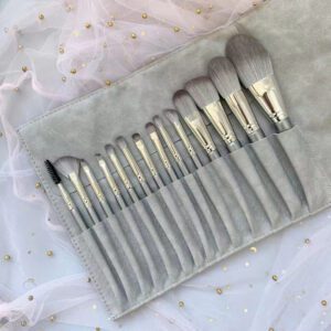 14-piece synthetic hair makeup brush set with champagne silver handles, including face brushes, eye shadow brushes, powder brushes, blush brushes, concealer brushes, and a portable brush case.