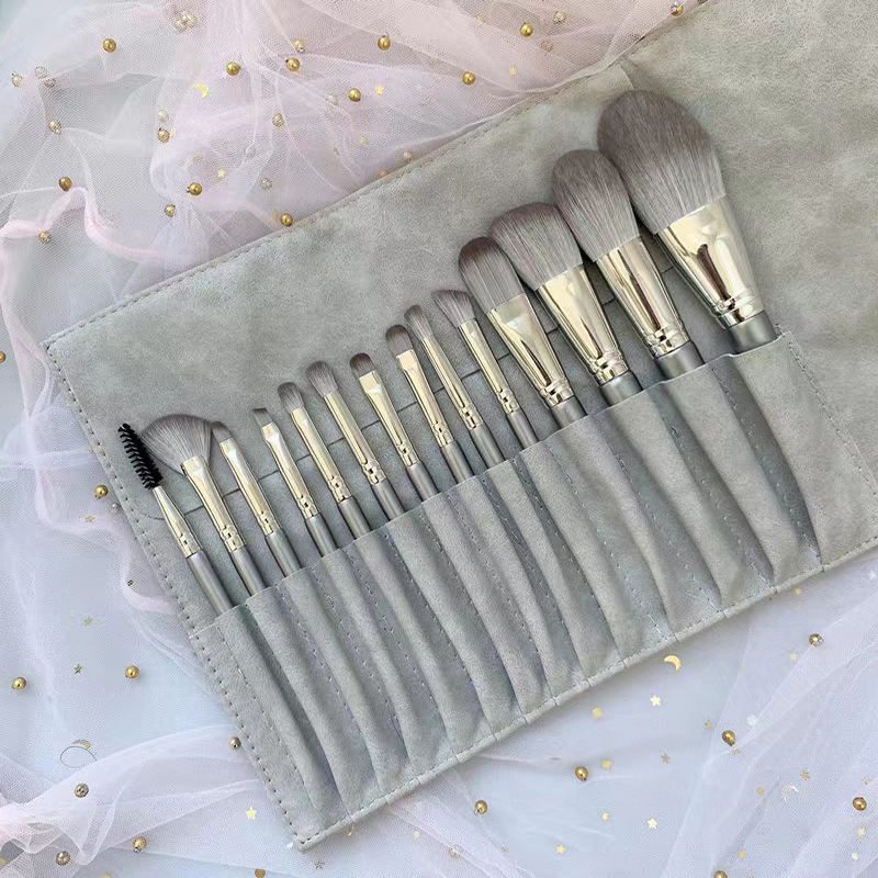 14-piece synthetic hair makeup brush set with champagne silver handles, including face brushes, eye shadow brushes, powder brushes, blush brushes, concealer brushes, and a portable brush case.