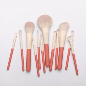 12-piece professional makeup brush set with pink and white handles, featuring synthetic hair brushes for face makeup, concealer, eyeshadow, mascara, blending, and fan brush application.