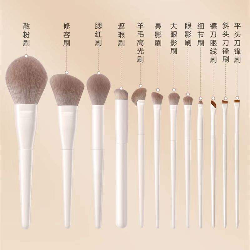 10-piece fibre eye shadow makeup brush set with white plastic handles and soft synthetic bristles for face makeup, eyeshadow blending, eyebrow shaping, and precision detailing.