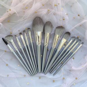 14-piece synthetic hair makeup brush set with champagne silver handles, including face brushes, eye shadow brushes, powder brushes, blush brushes, concealer brushes, and a portable brush case.