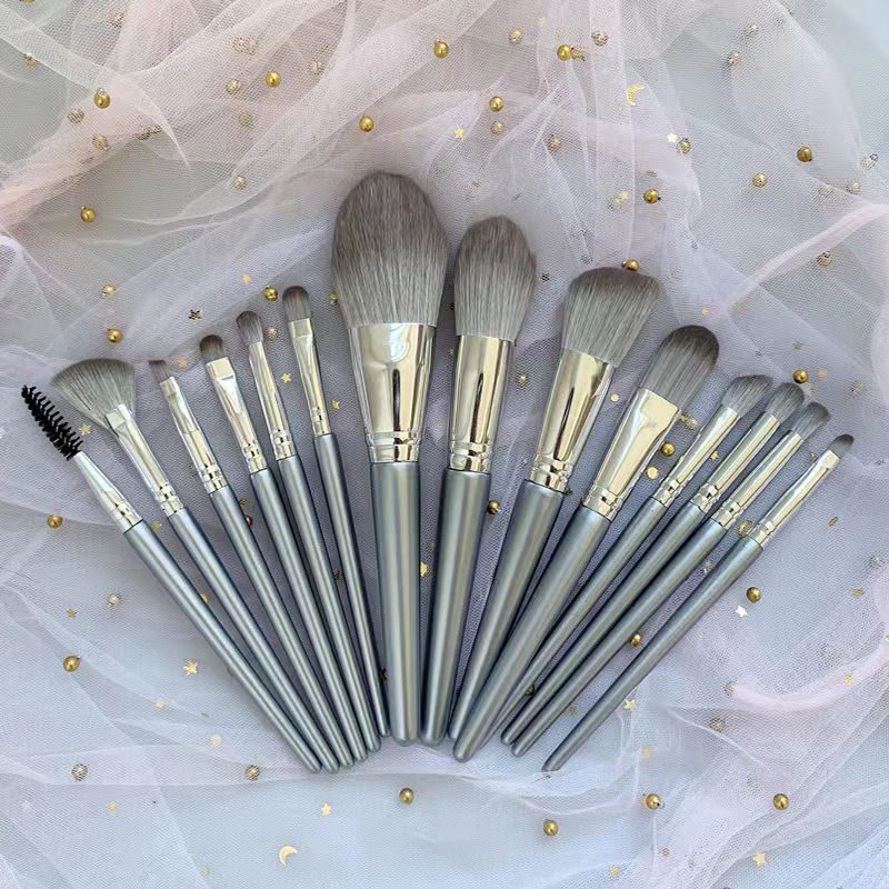 14-piece synthetic hair makeup brush set with champagne silver handles, including face brushes, eye shadow brushes, powder brushes, blush brushes, concealer brushes, and a portable brush case.
