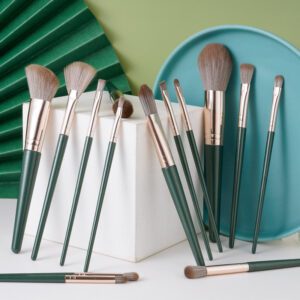 14-piece luxury makeup brush set featuring dark green wood handles, soft synthetic bristles, and professional face and eye brushes for foundation, concealer, powder, blush, and eyeshadow application.