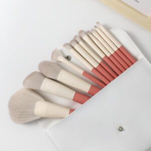 12-piece professional makeup brush set with pink and white handles, featuring synthetic hair brushes for face makeup, concealer, eyeshadow, mascara, blending, and fan brush application.
