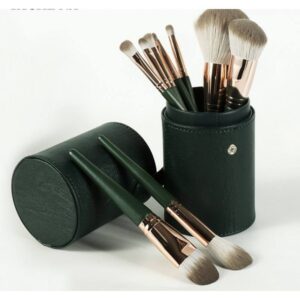 14-piece luxury makeup brush set featuring dark green wood handles, soft synthetic bristles, and professional face and eye brushes for foundation, concealer, powder, blush, and eyeshadow application.