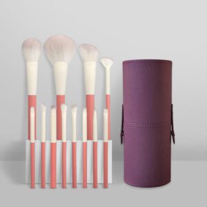 12-piece professional makeup brush set with pink and white handles, featuring synthetic hair brushes for face makeup, concealer, eyeshadow, mascara, blending, and fan brush application.