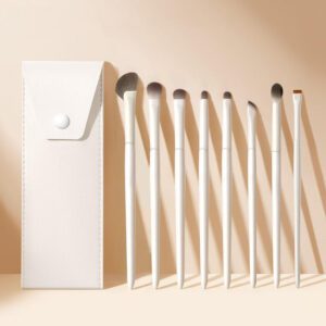 Professional 8-piece makeup brush set with ultra-soft synthetic bristles, including eyeshadow, blending, highlighter, crease, eyeliner, and angled detail brushes for precise makeup application.