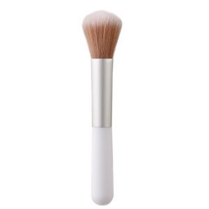 Compact single makeup brush with a white handle, silver ferrule, and soft synthetic bristles for foundation, blush, powder, and everyday cosmetic use.