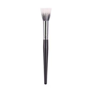 Professional stippling makeup brush with soft synthetic bristles, silver ferrule, and black handle, designed for blush, foundation, concealer, and cream makeup application.