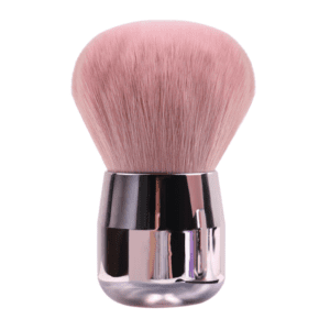 Compact fluffy makeup brush with ultra-soft pink synthetic bristles and a metallic handle, suitable for blush, bronzer, nail powder application, and manicure dust removal.