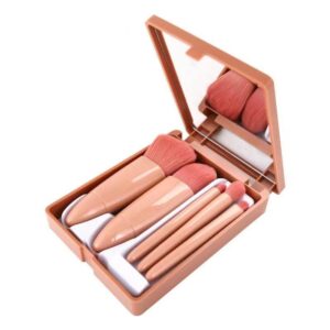 Compact travel makeup brush set with built-in mirror case, featuring soft pink synthetic brushes for foundation, powder, eyeshadow, blending, and daily beauty application.