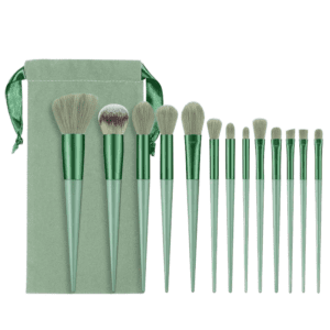 Professional green makeup brush set with storage pouch, featuring synthetic powder brushes, angular flat contour brushes, blending brushes, and precision eye makeup tools for flawless cosmetic application.