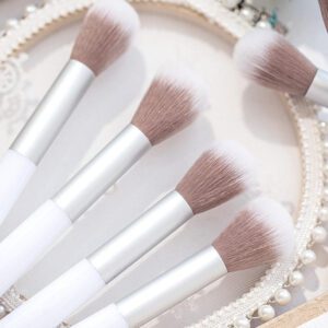 Compact single makeup brush with a white handle, silver ferrule, and soft synthetic bristles for foundation, blush, powder, and everyday cosmetic use.