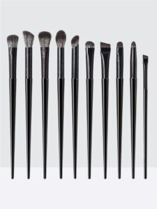 10-piece black eye makeup brush set with soft synthetic bristles, including angled, flat, blending, crease, and detail brushes, perfect for eyeshadow, eyeliner, and eyebrow application.