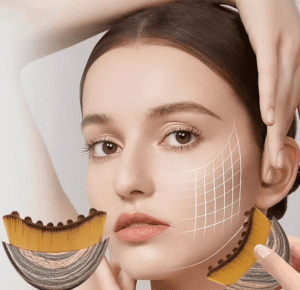 Curved beech wood lymphatic contour face brush with soft nylon bristles, designed for facial massage, lymphatic drainage, jawline sculpting, and skincare application.