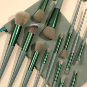 Professional green makeup brush set with storage pouch, featuring synthetic powder brushes, angular flat contour brushes, blending brushes, and precision eye makeup tools for flawless cosmetic application.