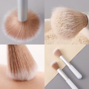 Compact single makeup brush with a white handle, silver ferrule, and soft synthetic bristles for foundation, blush, powder, and everyday cosmetic use.