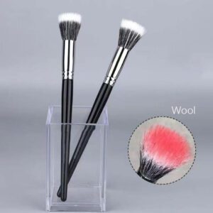 Professional stippling makeup brush with soft synthetic bristles, silver ferrule, and black handle, designed for blush, foundation, concealer, and cream makeup application.
