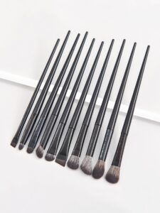 10-piece black eye makeup brush set with soft synthetic bristles, including angled, flat, blending, crease, and detail brushes, perfect for eyeshadow, eyeliner, and eyebrow application.