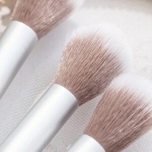 Compact single makeup brush with a white handle, silver ferrule, and soft synthetic bristles for foundation, blush, powder, and everyday cosmetic use.