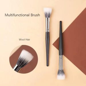 Professional stippling makeup brush with soft synthetic bristles, silver ferrule, and black handle, designed for blush, foundation, concealer, and cream makeup application.