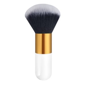 Professional vegan foundation makeup brush with dense black and white synthetic bristles, gold ferrule, and black handle for foundation, concealer, powder, and cosmetic blending.