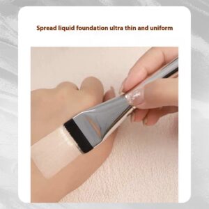 Professional flat foundation brush with ultra-thin dense synthetic bristles and silver handle, designed for seamless liquid foundation, contouring, and precise face makeup application.