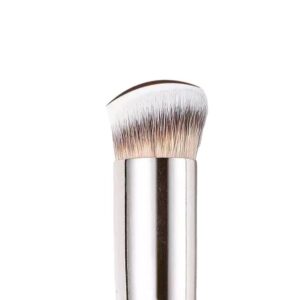 Professional makeup brush with synthetic bristles, wooden handle, and aluminum ferrule, suitable for lip gloss application, concealer blending, and private label cosmetic brands.