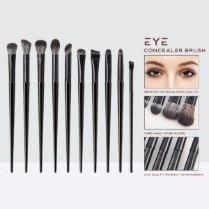10-piece black eye makeup brush set with soft synthetic bristles, including angled, flat, blending, crease, and detail brushes, perfect for eyeshadow, eyeliner, and eyebrow application.