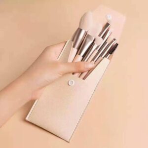 Pink makeup brush set featuring six professional cosmetic brushes for foundation, concealer, blush, eyeshadow, eyeliner, powder application, and eyebrow grooming with soft synthetic bristles.