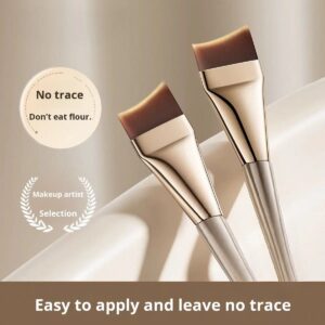 Professional slanted foundation brush with angled synthetic bristles and metallic handle, designed for contouring, concealer blending, foundation application, and detailed facial makeup.