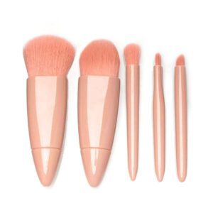 Compact travel makeup brush set with built-in mirror case, featuring soft pink synthetic brushes for foundation, powder, eyeshadow, blending, and daily beauty application.
