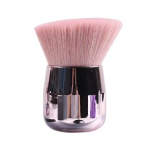 Compact fluffy makeup brush with ultra-soft pink synthetic bristles and a metallic handle, suitable for blush, bronzer, nail powder application, and manicure dust removal.