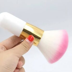Professional vegan foundation makeup brush with dense black and white synthetic bristles, gold ferrule, and black handle for foundation, concealer, powder, and cosmetic blending.