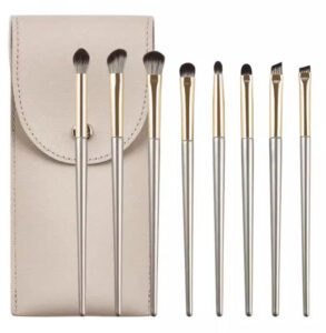 8-piece professional eye makeup brush set with gold handles and soft synthetic bristles for eyeshadow, crease blending, angled brows, and precise eye detailing.