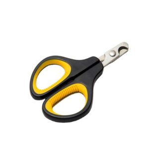 Black and yellow stainless steel pet nail clipper with anti-slip handle for safe grooming of cats and dogs.